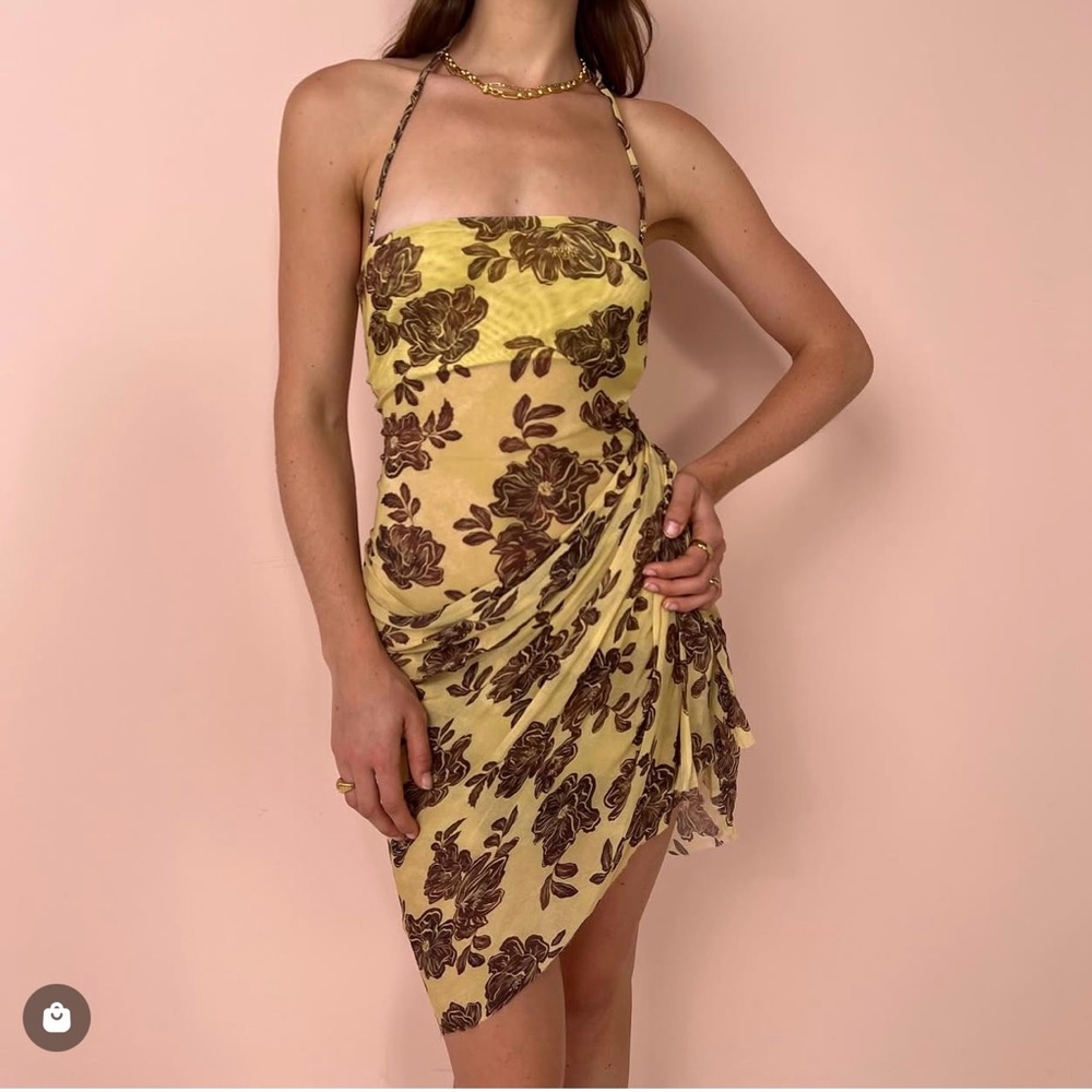bec + bridge Strapless Floral Dress in Yellow and Brown